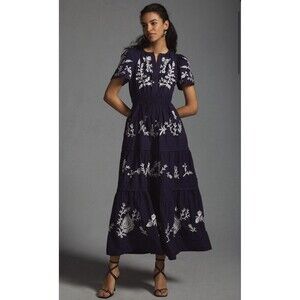 Anthropologie Embroidered Somerset Maxi Dress Navy Sz Small EUC